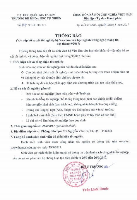 Thông báo nộp hồ sơ xét tốt nghiệp đợt tháng 9/2017, hệ VLVH