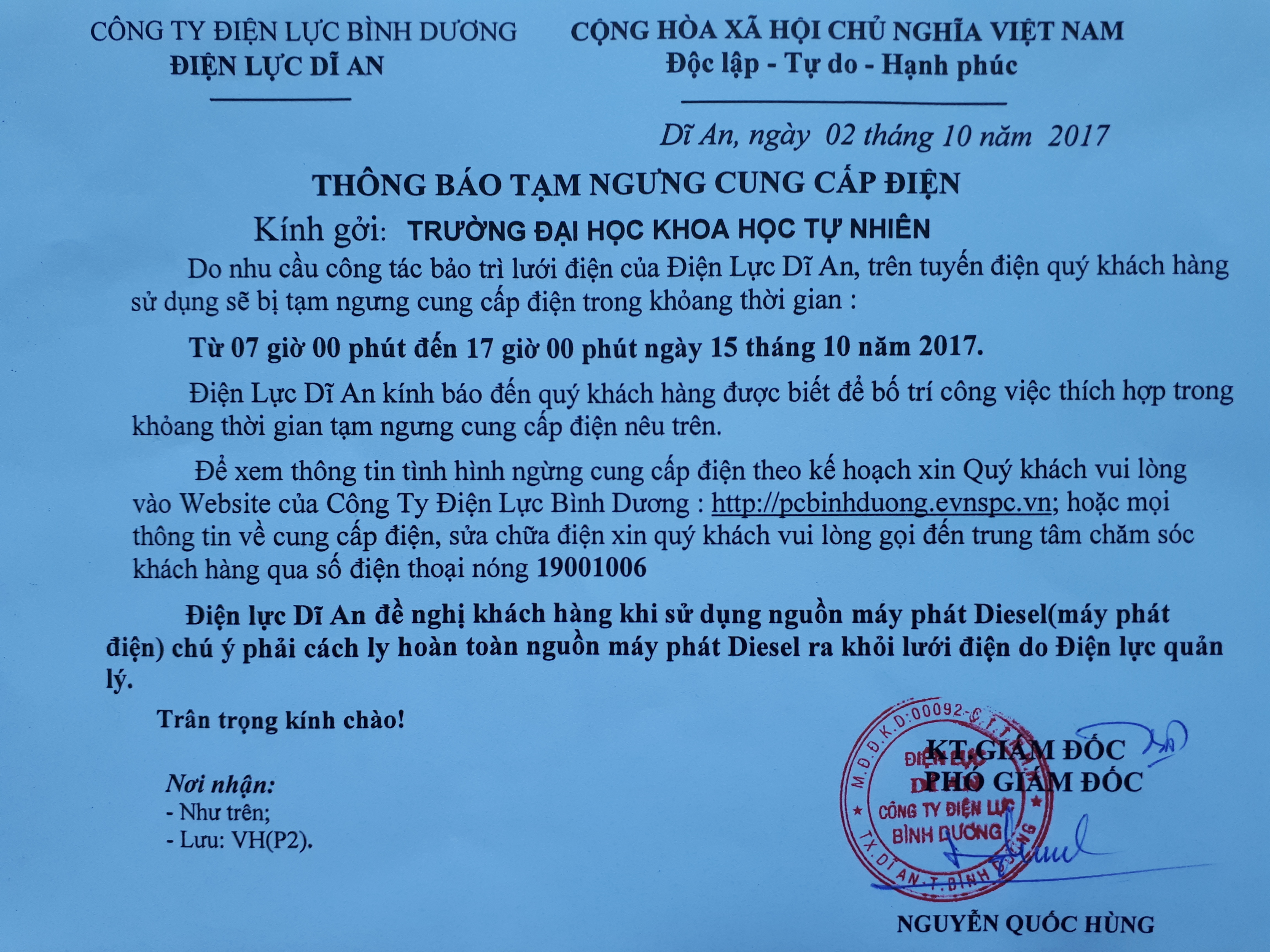 Thông báo cúp điện ngày 15/10/2017